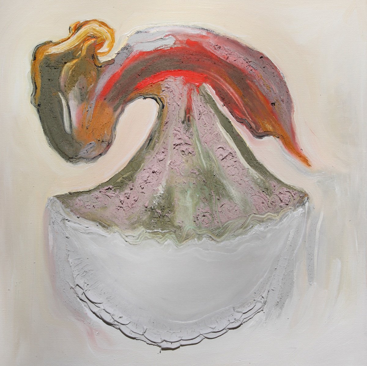 Organic Abstract Oil Painting By Anna Bergin, 20 X 20, Toy With A Ruffled Base, Original Artwork