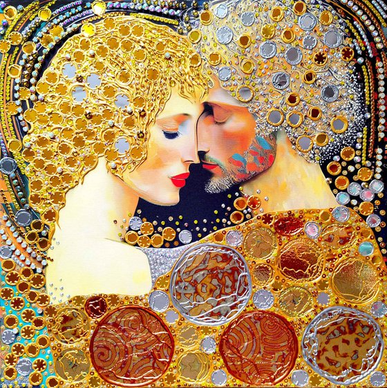 Love original painting. Golden decorative artwork with gold leaf. Gift for woman \ wife