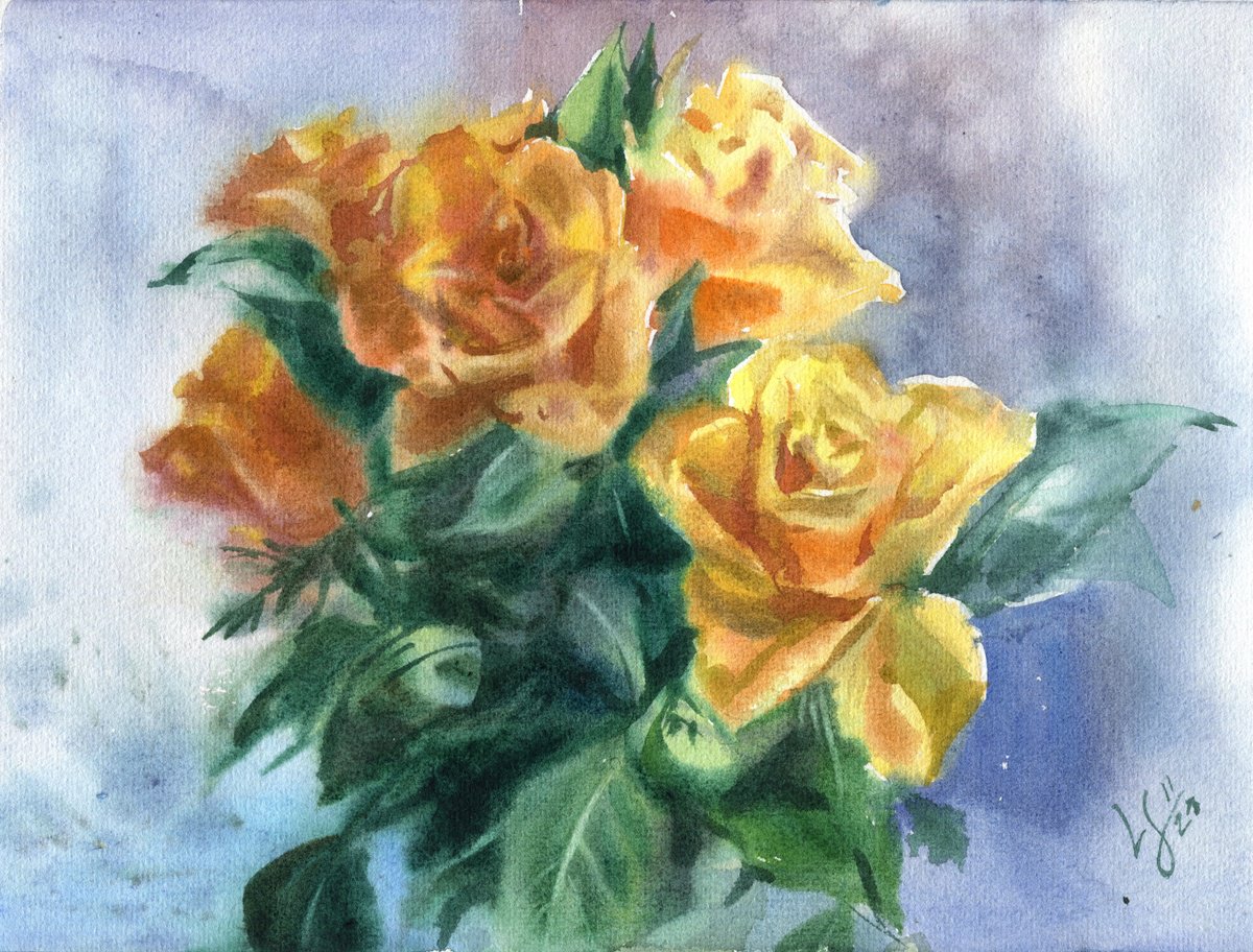 Impressionistic Botanical Watercolour By Svitlana Lagutina, 11 X 8", Yellow Rose Bouquet, Original Artwork