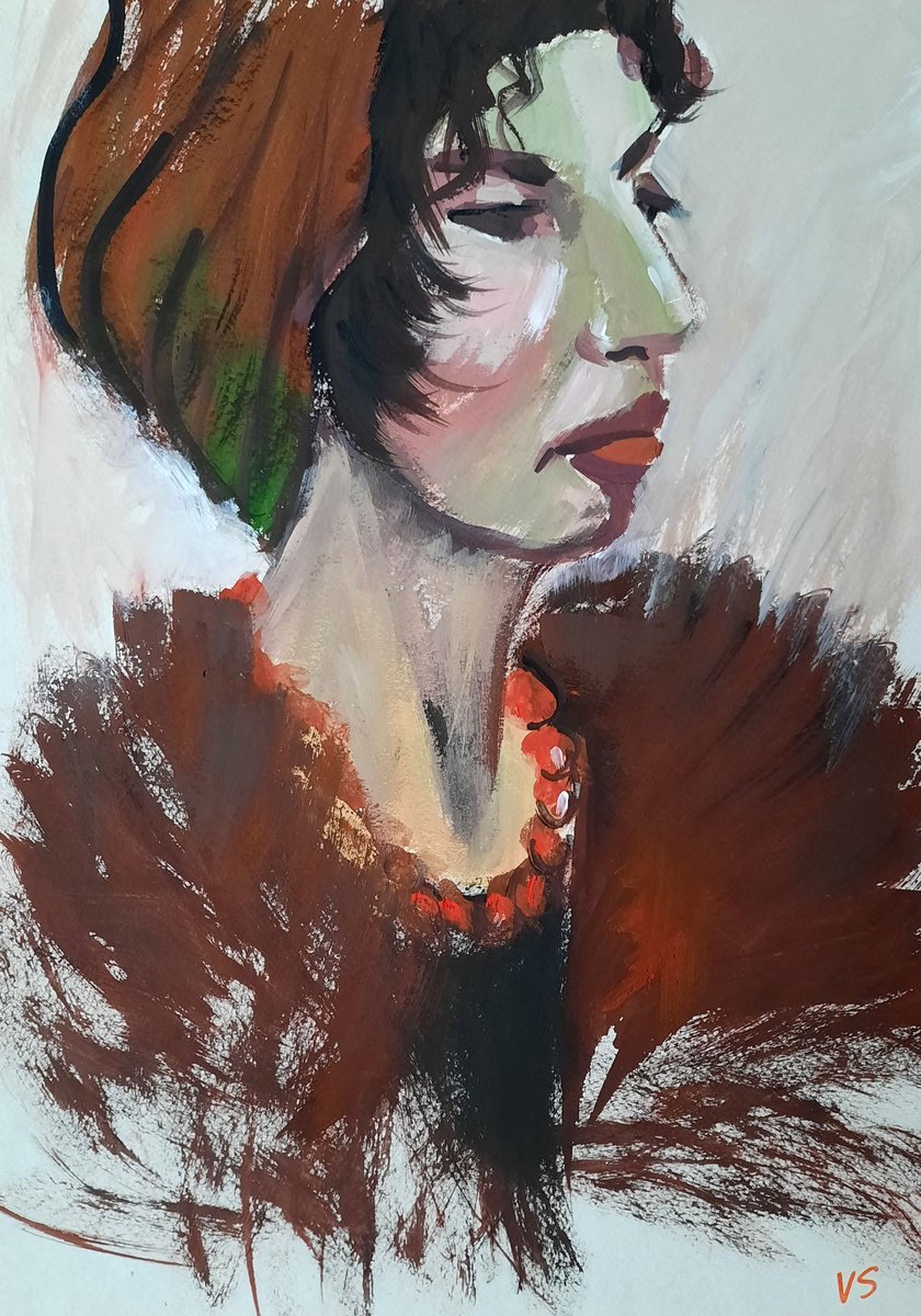 Expressive Drawing , Portrait Of A Woman In A Boa By Vera Stein, 12 X 16, Artwork For Sale On Artfinder