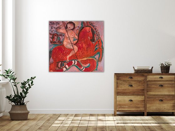 Nude Woman Naive Modern Art, canvas, oil - WARRIOR - 28x32in (80*75) cm