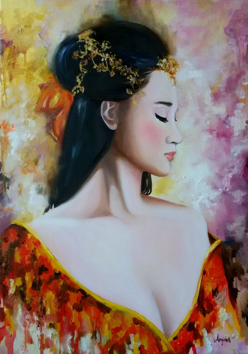Photorealistic Portrait Painting By Anna Rita Angiolelli, 20 X 28, Portrait Of Geisha, Original Artwork