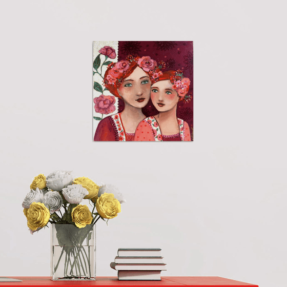 "Tender Expectations". Portrait of two sisters 30 x30 cm