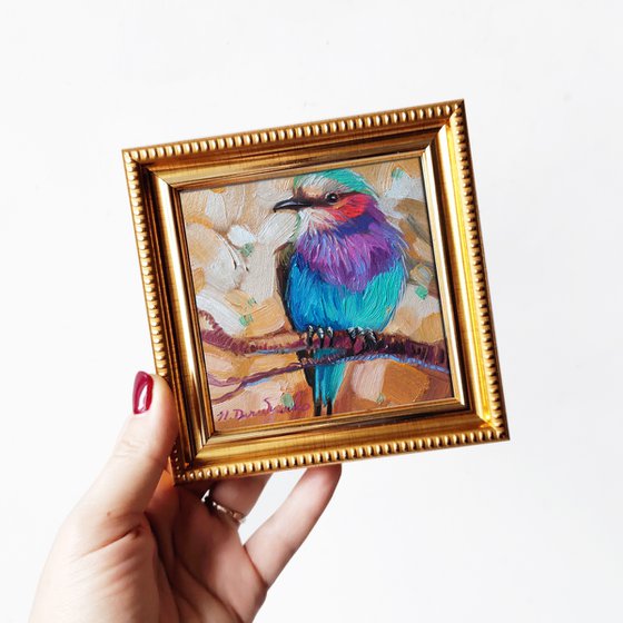 Colorful small bird art in blue green gold frame, Oil painting original bird artwork oil painting 4x4