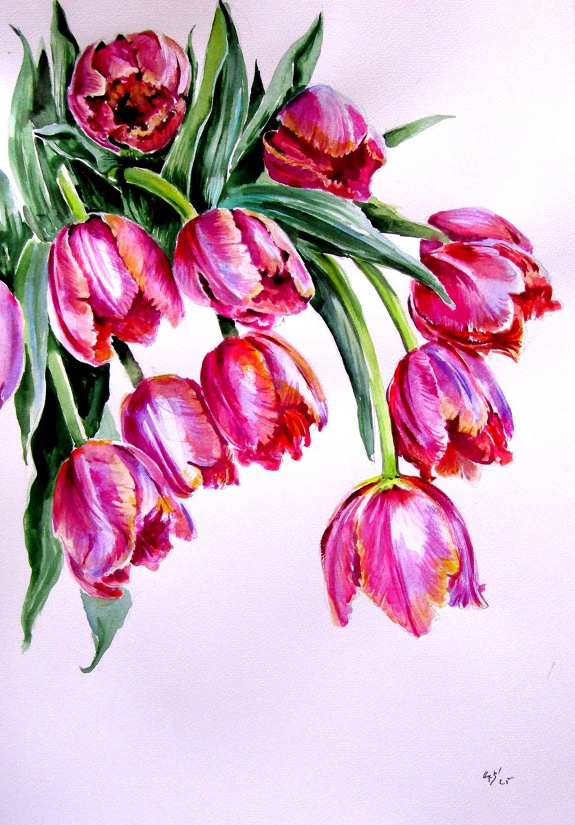 Impressionistic Watercolour , Bouquet Of Tulips By Kovacs Anna Brigitta, 12 X 17, Artwork For Sale On Artfinder