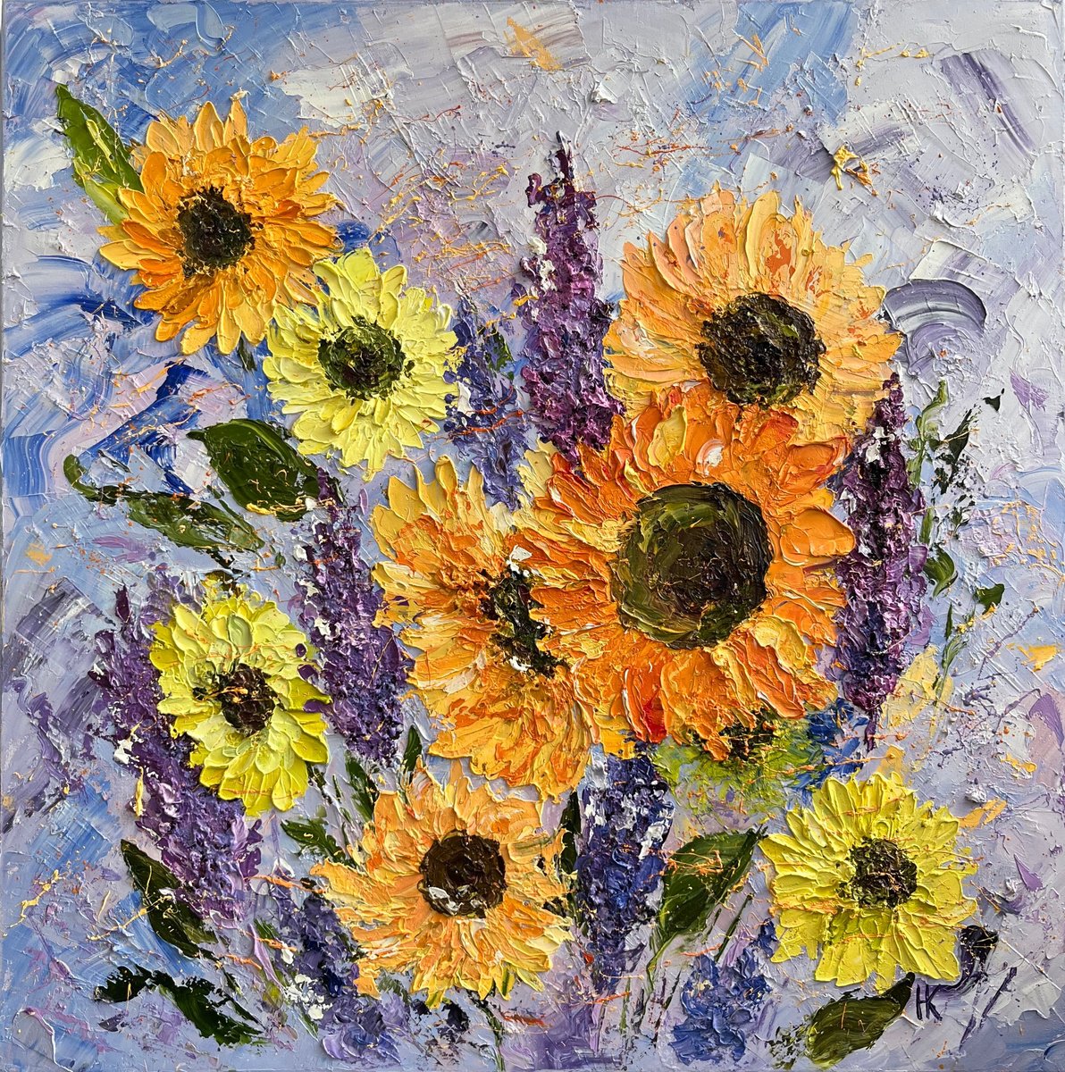 Impressionistic Botanical Oil Painting By Halyna Kirichenko, 24 X 24, Sunflowers, Original Artwork