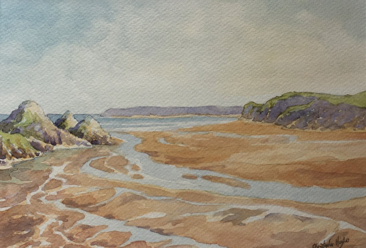 Impressionistic Landscape Watercolour By Christopher Hughes, 10 X 7, Cobweb Streams. Three Cliffs Bay.the Gower, Artfinder