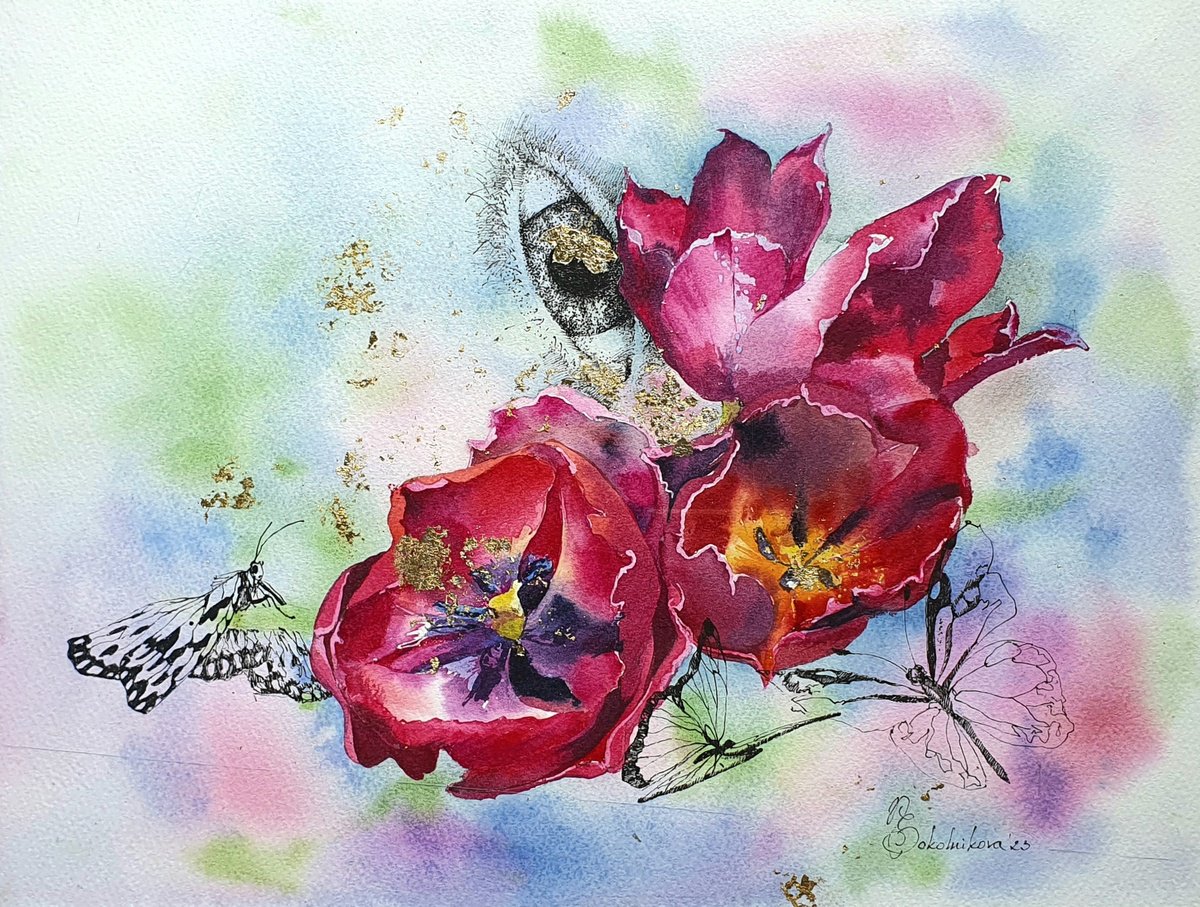 Abstract Botanical Painting By Sonata Art, 16 X 20", Spring, Love And Tulips ??, Original Artwork