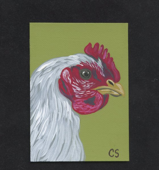 ACEO ATC Original Miniature Painting White Chicken Farmyard Art-Carla Smale