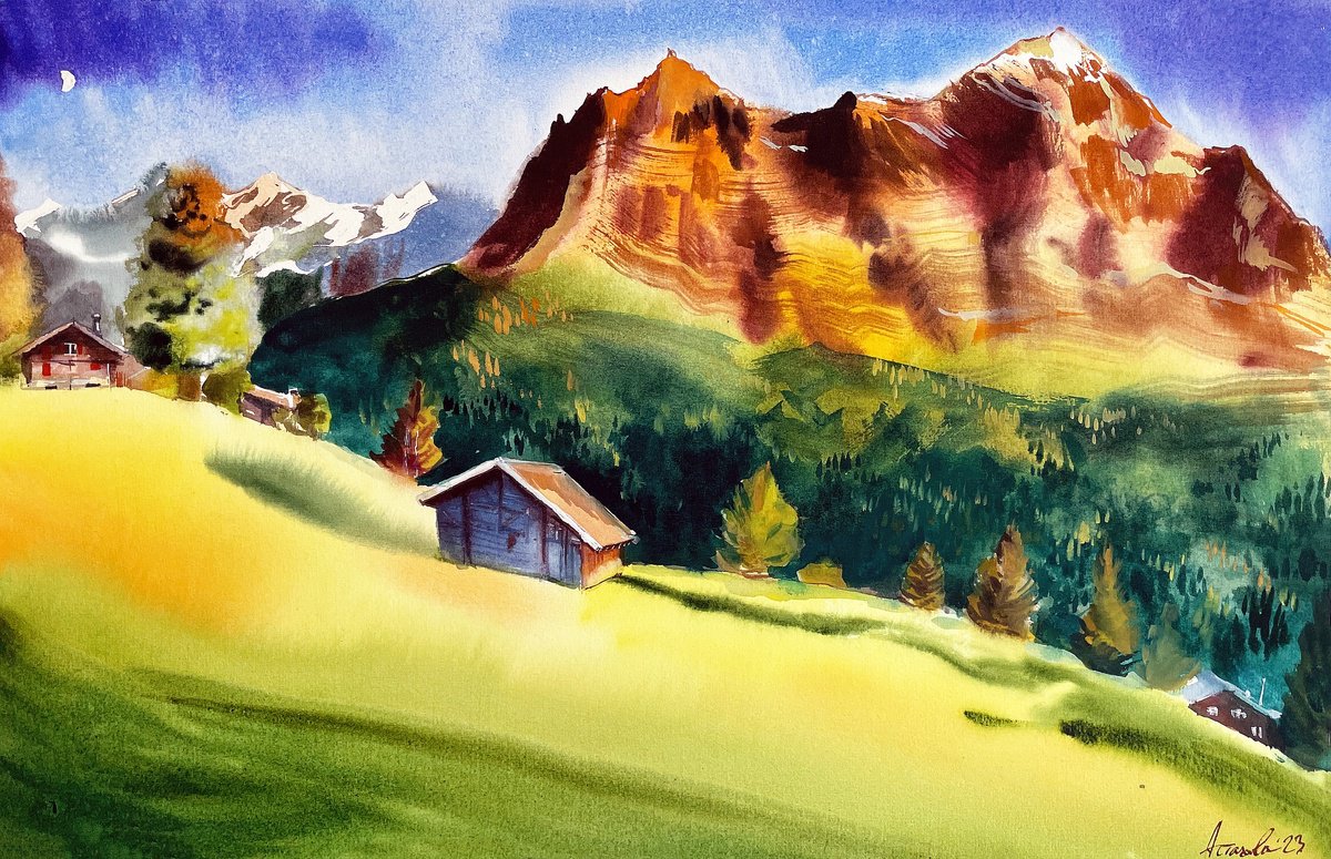 Impressionistic Landscape Watercolour By Ksenia Astakhova, 20 X 13", Summer In Grindelwald, Original Artwork