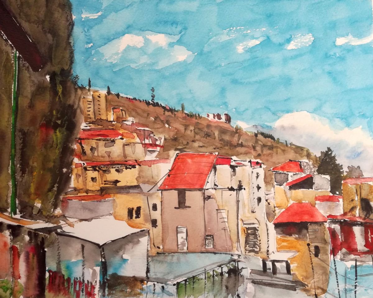 Impressionistic Cityscapes Watercolour By Leonid Kirnus, 13 X 10", The Roofs, Original Artwork