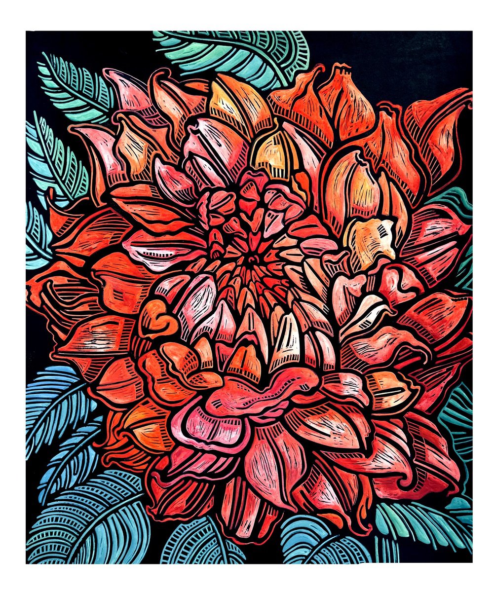 Illustrative Botanical Linocut By Laurel Macdonald, 22 X 28", Coral Dahlia, Original Artwork