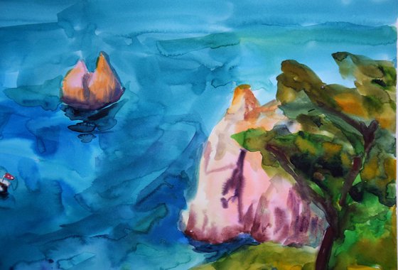 Greece seascape big original watercolor painting, coastal home decor