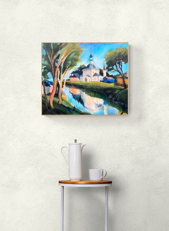 TEMPLE OVER WATER (Church Of The Epiphany) - expressive landscape oil painting with a church reflection in water Easter gift idea home decor