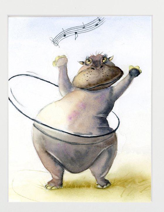 Dancing Hippo (Mounted original watercolor artwork)