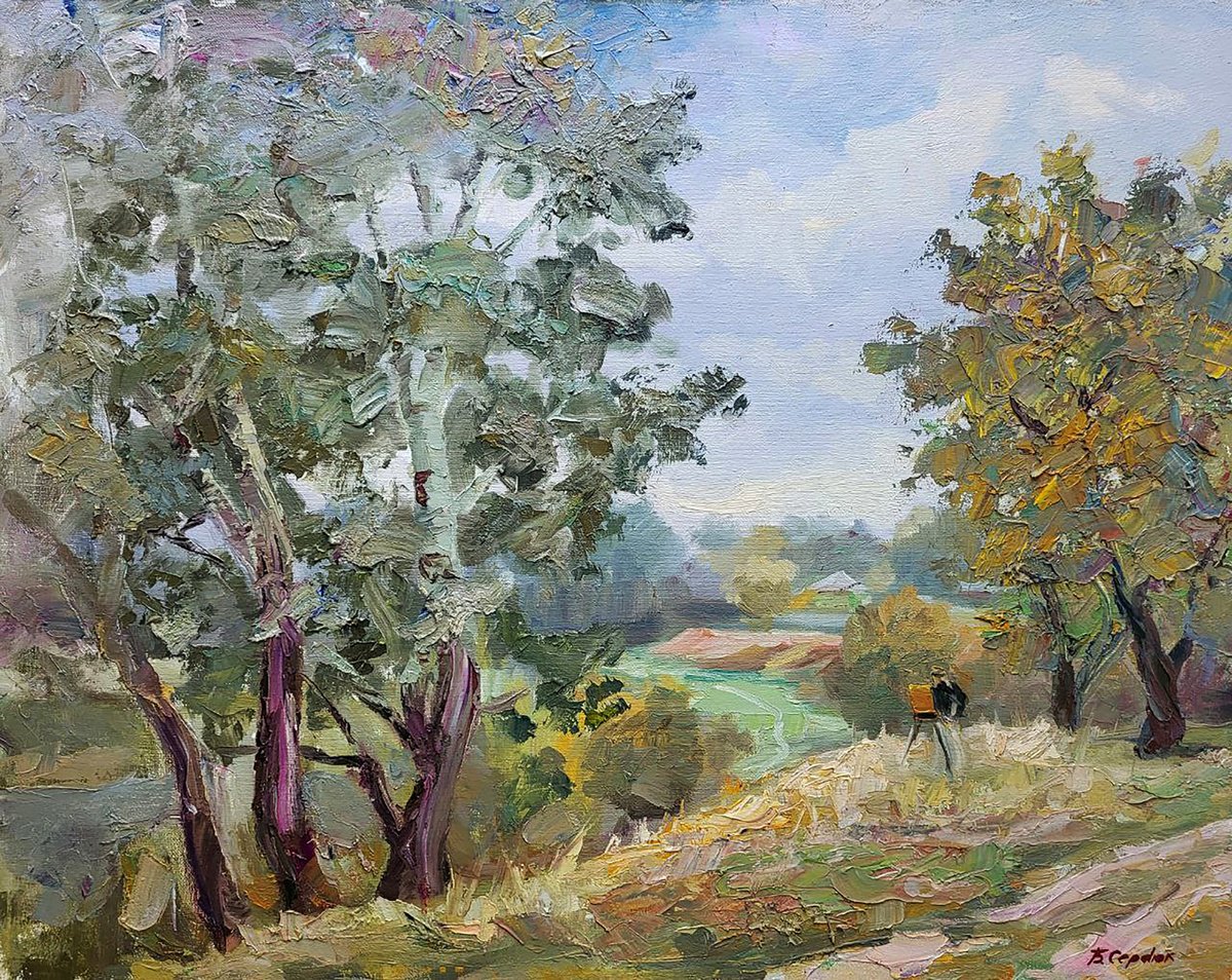 Impressionistic Landscape Oil Painting By Boris Serdyuk, 28 X 22, Silver Poplars, Original Artwork