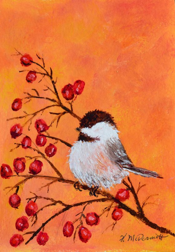 Orange Chickadee - original framed 5X7 inch acrylic painting