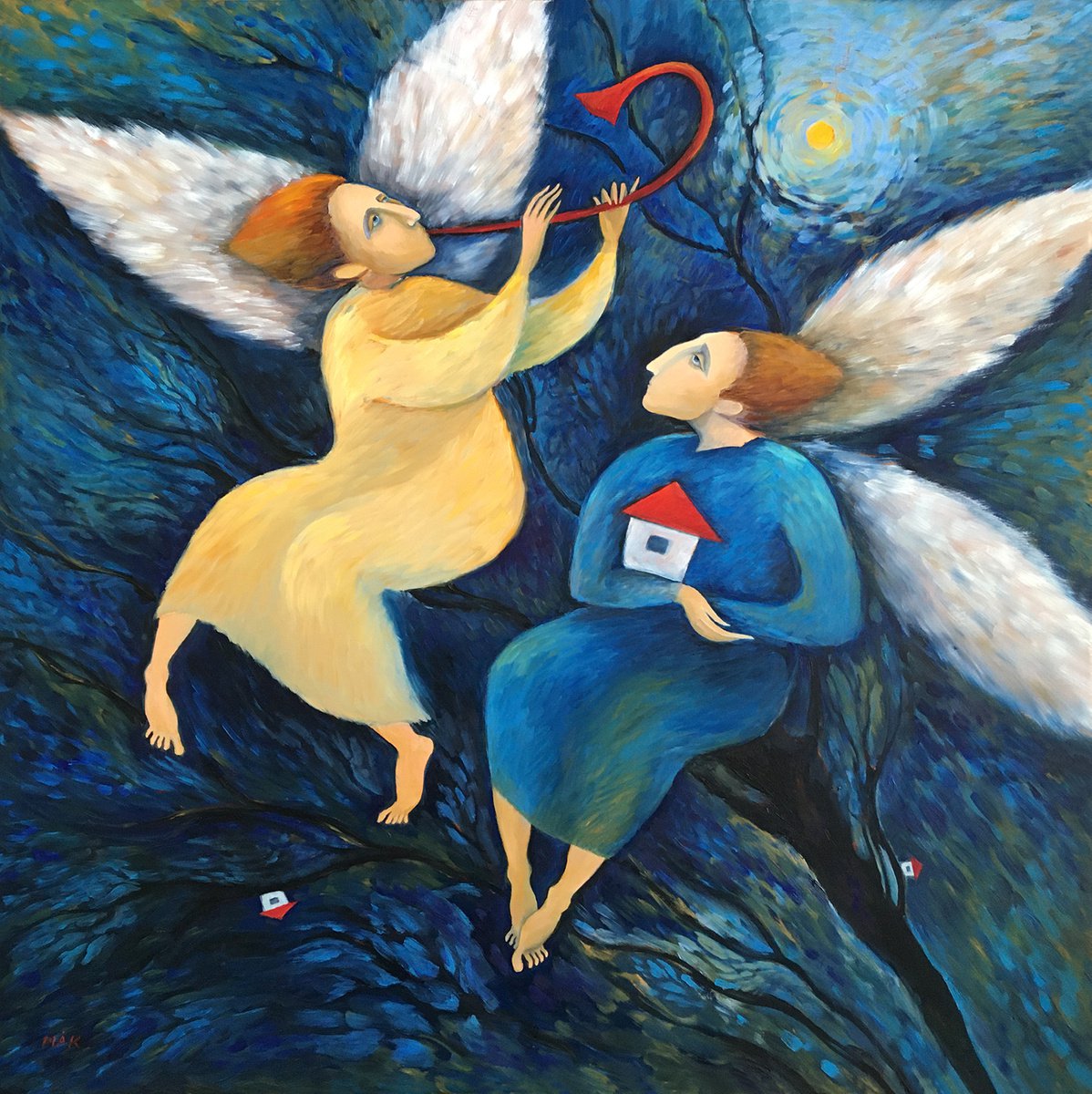 ANGELS OF PEACE - big oil painting with angels protecting people