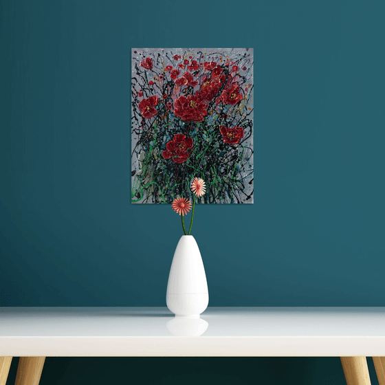 Scarlet Poppy Blooms, Abstract- Original Painting   by Olena Art