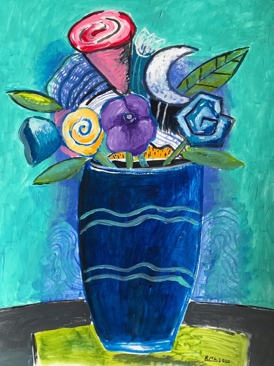 Summer Bouquet in a Blue Vase