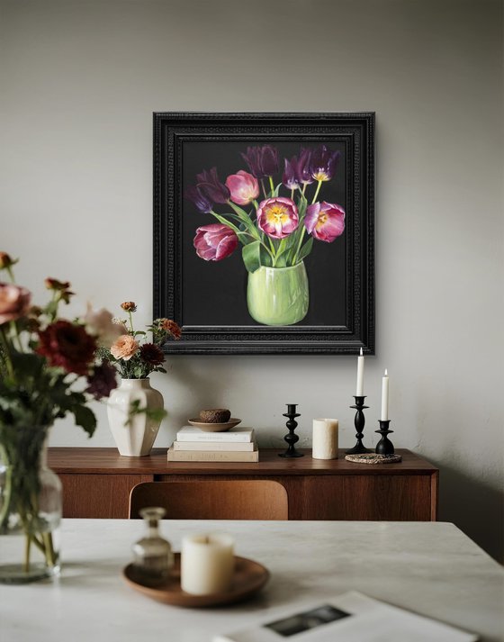 Velvet tulips in vase