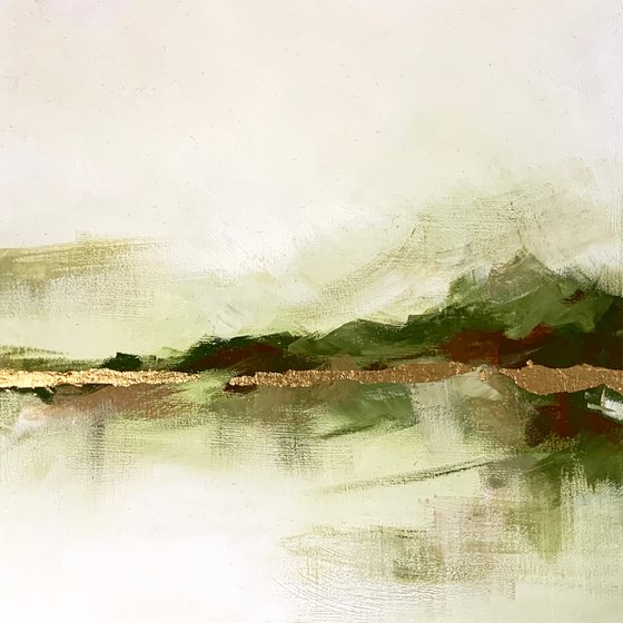 Abstract Landscape in Earth and Green with Gold Leaves