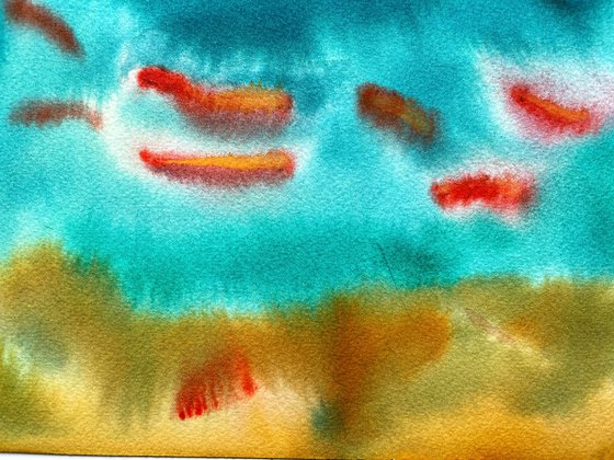 Fishes Pond Watercolour Painting, Abstract Landscape Original Art, Green Wall Art