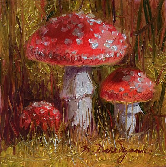 Mushrooms red painting original oil small framed art Fly agaric artwork