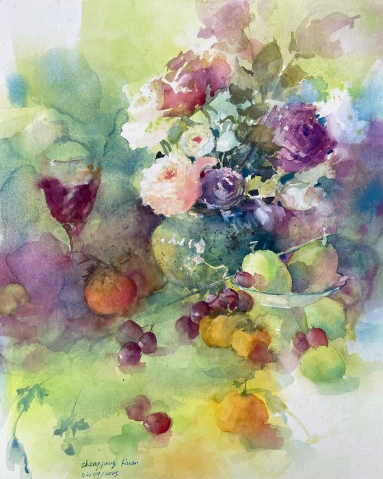 Flowers, Fruits And Wine In Green
