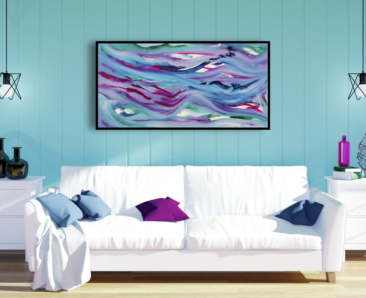 Expressive Landscape Oil Painting By Davide De Palma, 47 X 24, Vibrant Blue, Original Artwork