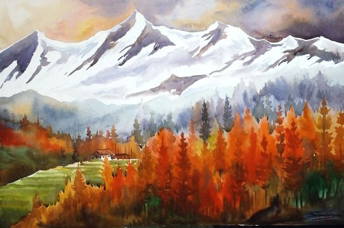Autumn Forest & Snow Peaks - Watercolor Painting by Samiran Sarkar