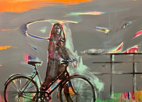 Big painting - "Amsterdam" - Girl - Bikes - Bicycle - Diptych - Pop Art - Urban