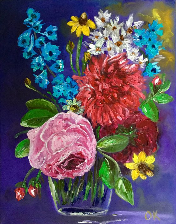 BOUQUET OF SUMMER FLOWERS    palette knife modern Still life Dutch style office home decor gift