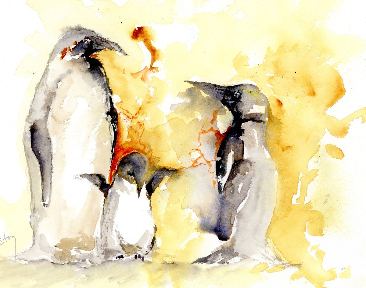 Impressionistic Animal Watercolour By Alex Tolstoy, 12 X 10, You Turn -- Penguins, Original Artwork