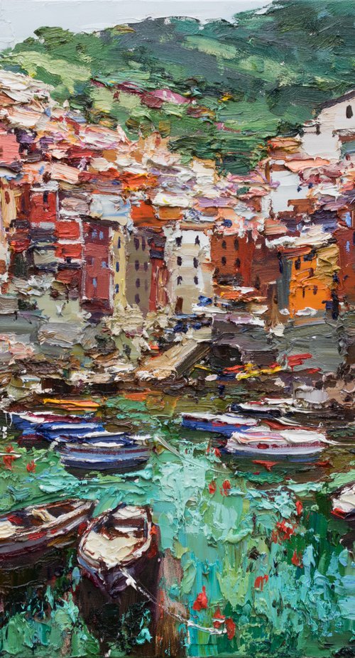 Riomaggiore, Cinque terre - Italian Landscape painting by Anastasiia Valiulina