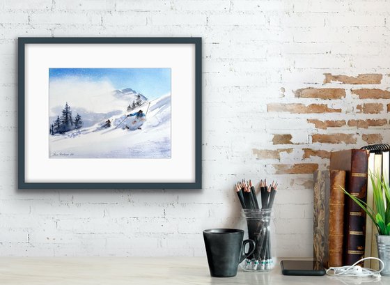 Skiers on the slope, downhill skiing on a snowy slope original artwork watercolor painting with winter landscape in medium size