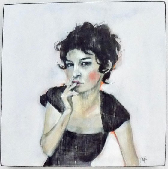 Woman smoking a cigarette in acrylic called 'Smoking' by Victoria Coleman