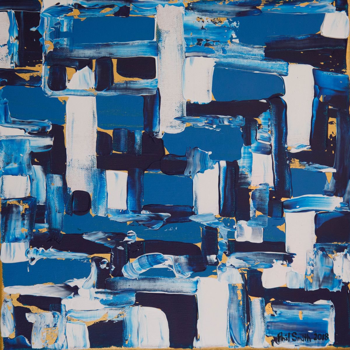 Abstract in blue, white and gold by Phil Smith