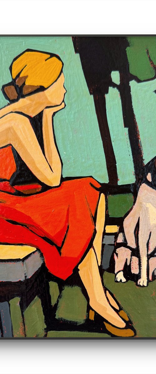 Woman and Dog Colorful Small Painting by Daria Baklykova