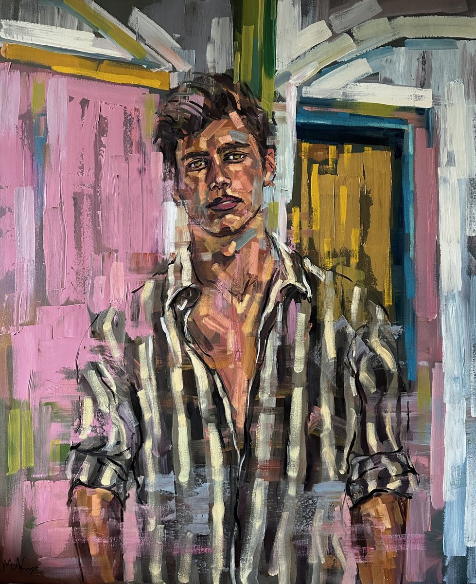 Expressive Portrait Oil Painting By Emmanouil Nanouris, 39 X 47, Open Shirt, Original Artwork