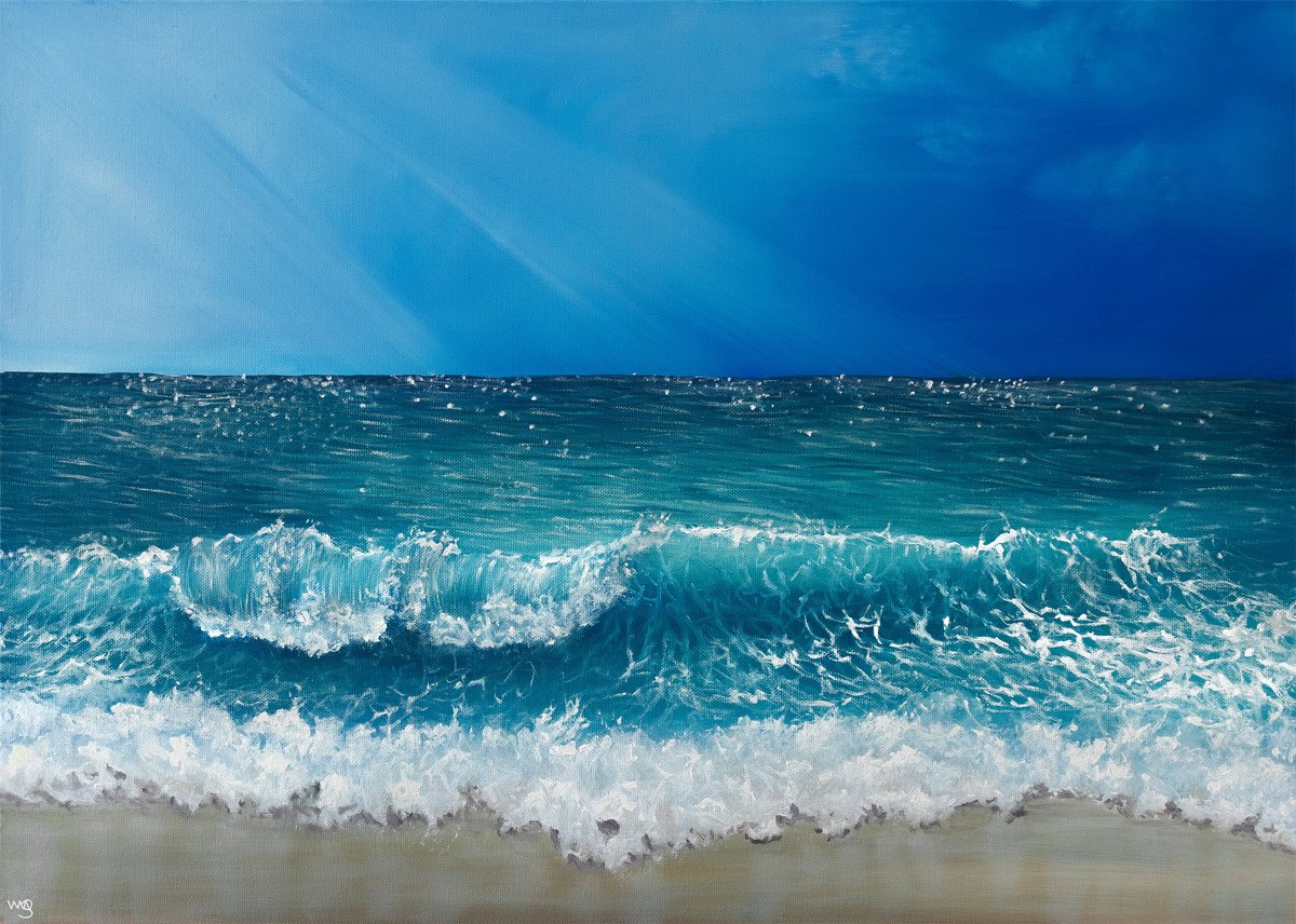 Photorealistic Landscape Oil Painting By Sarah Vms Art, 28 X 20", Beautiful Seascape, Original Artwork