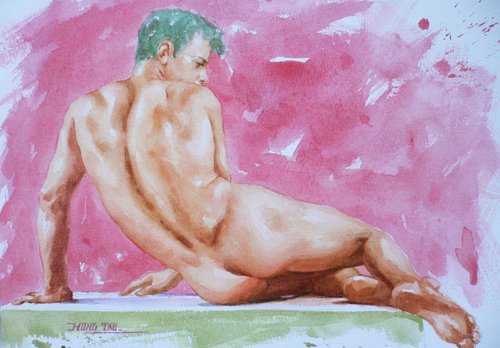 Watercolor painting male nude on paper#16-12-9 by Hongtao Huang