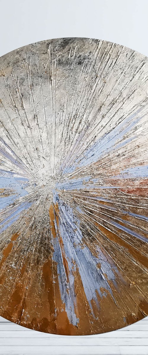 Round sun painting, Golden abstract wall art by Annet Loginova