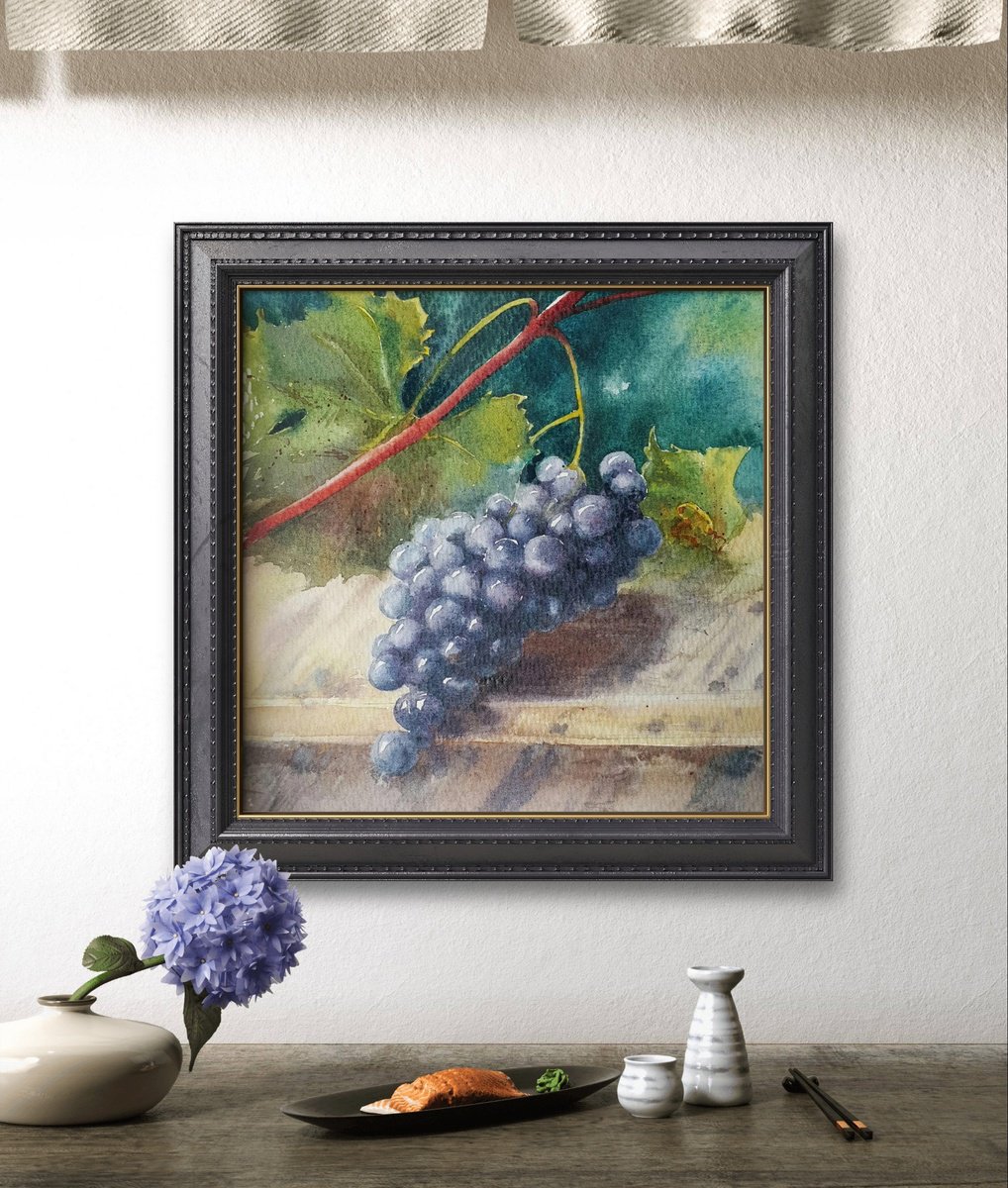 Photorealistic Botanical Watercolour By Sonata Art, 13 X 13", Grapes - Mini Painting, Origal Art Gift, Original Artwork