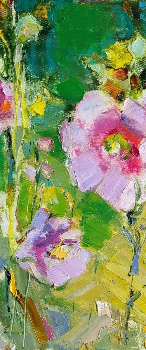 Mallow Ukrainian flower . Emerald green and Pink . Moments of beauty . Original oil painting by Helen Shukina