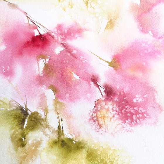 Abstract flowers, soft pink floral bouquet, watercolor