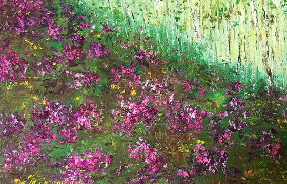 FOREST INSPIRATION - Forest. Flowers. Spring. Gift. Offseason. Miniature. Quick drawing. Three-dimensional painting. Pink flowers. Interior. Design. Landscape. Impasto. Palette knife. The Best Solution. Gift.