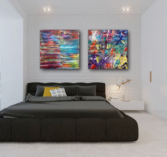 "Yin And Yang" - Original Extra Large PMS Abstract Diptych Oil Paintings On Canvas - 60" x 30"