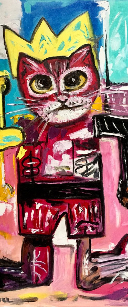 King Cat Troy  in a CROWN ( 71x 45cm, , 28x 18inches,) version of famous painting by Jean-Michel Basquiat by Olga Koval