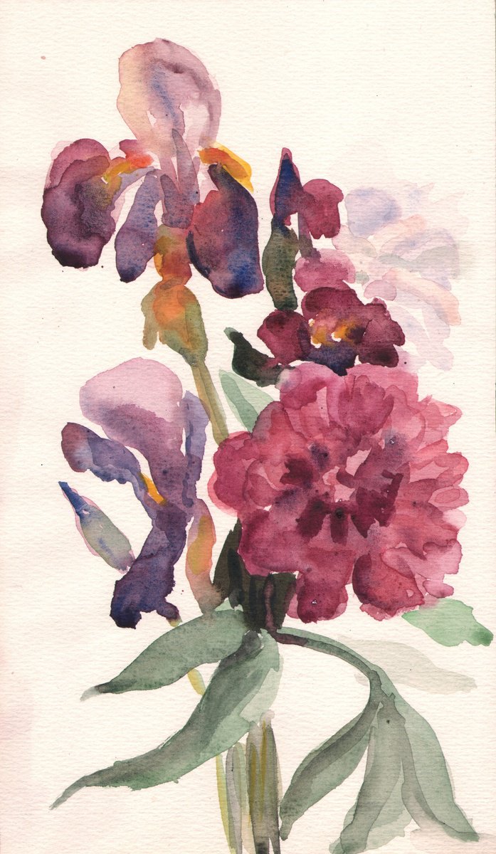 Irises and peony by Elena Lykhodid